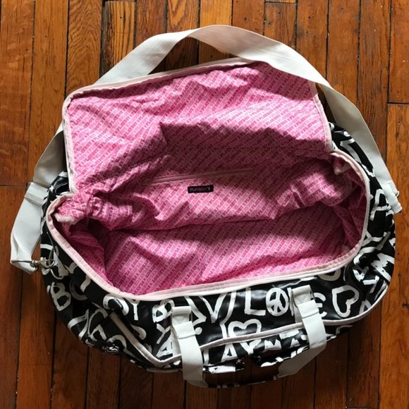 Playboy Black White Leather Pink Graffiti Playmate Love Bunny Logo Duffel Bag - Picture 3 of 4